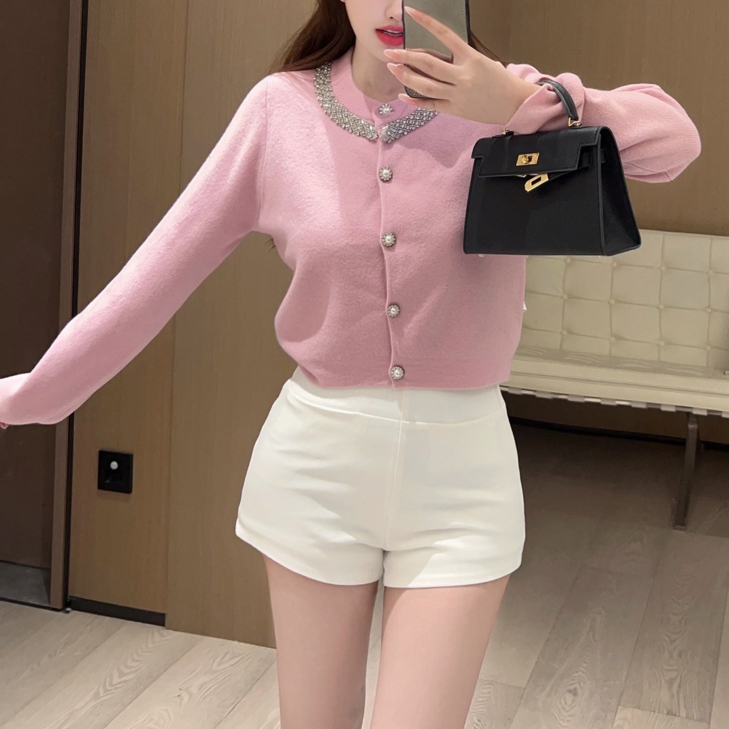 2025 Beaded and Diamond-Encrusted Knit Cardigan