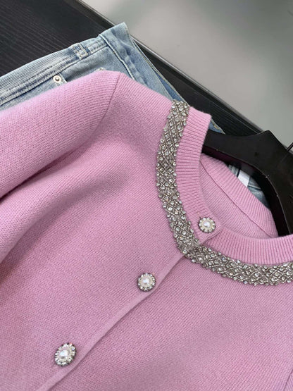 2025 Beaded and Diamond-Encrusted Knit Cardigan